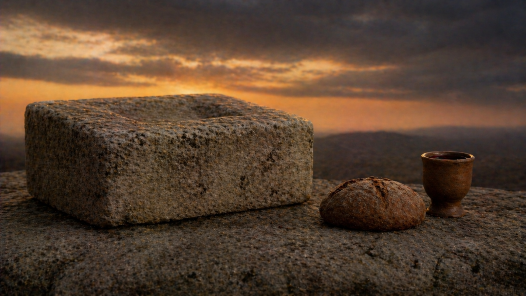 A simple stone altar with a loaf of bread and a clay cup of wine, illustrating the meeting between Abram and Melchizedek in Genesis 14