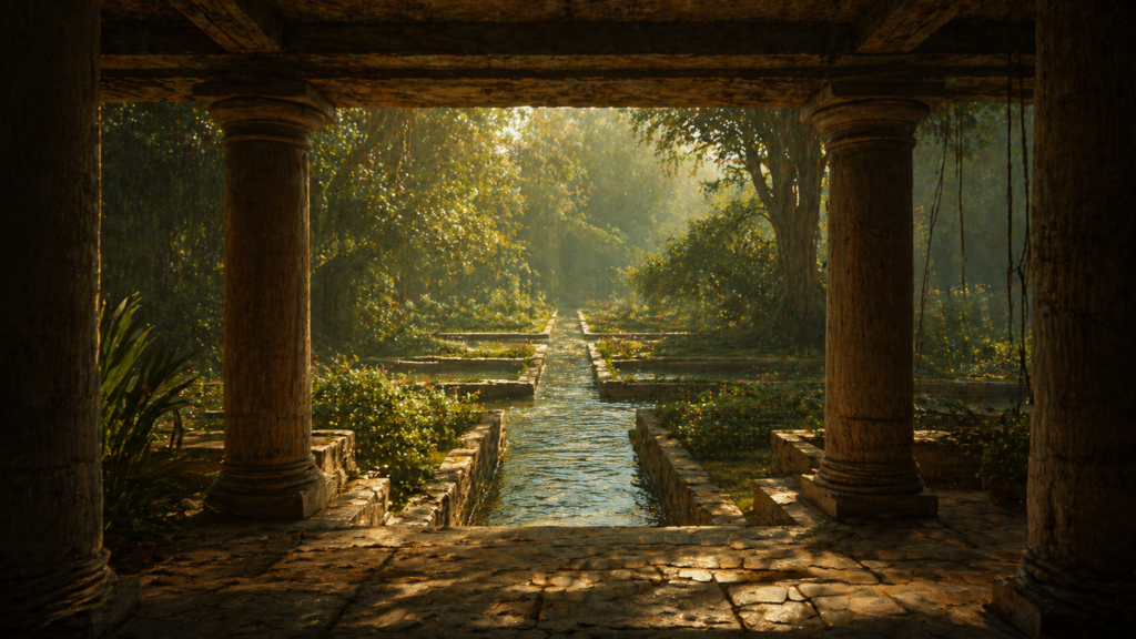 An ancient temple garden viewed from a stone colonnade, with a single river flowing forward and dividing into four streams
