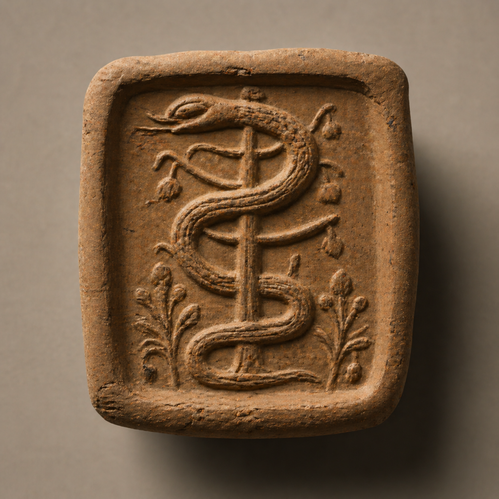 An ancient Mesopotamian cylinder seal impression depicting a stylized serpent figure, illustrating the serpent of Genesis 3