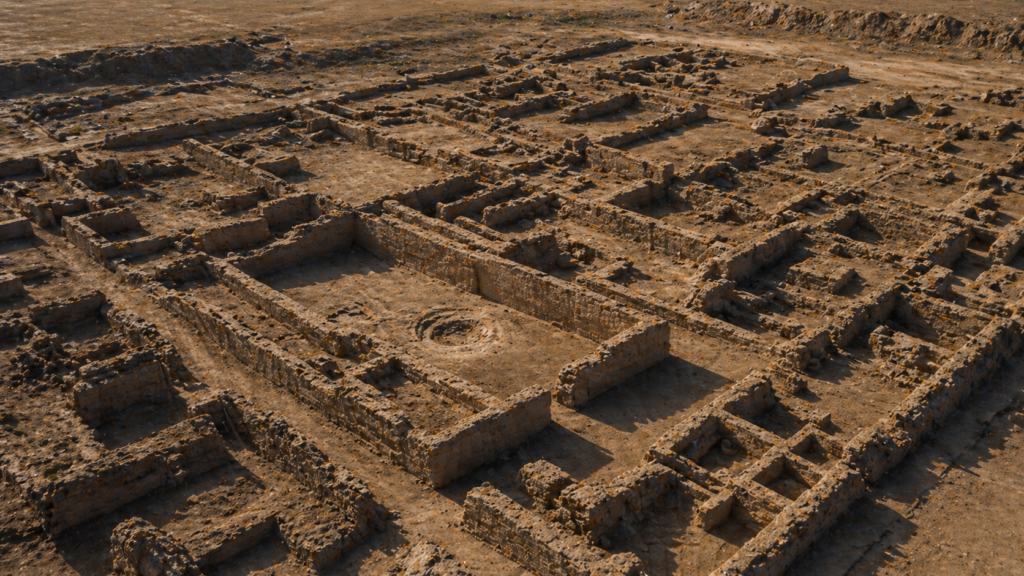 Aerial view of an excavated ancient Mesopotamian city ruin, illustrating the first city built by Cain in Genesis 4