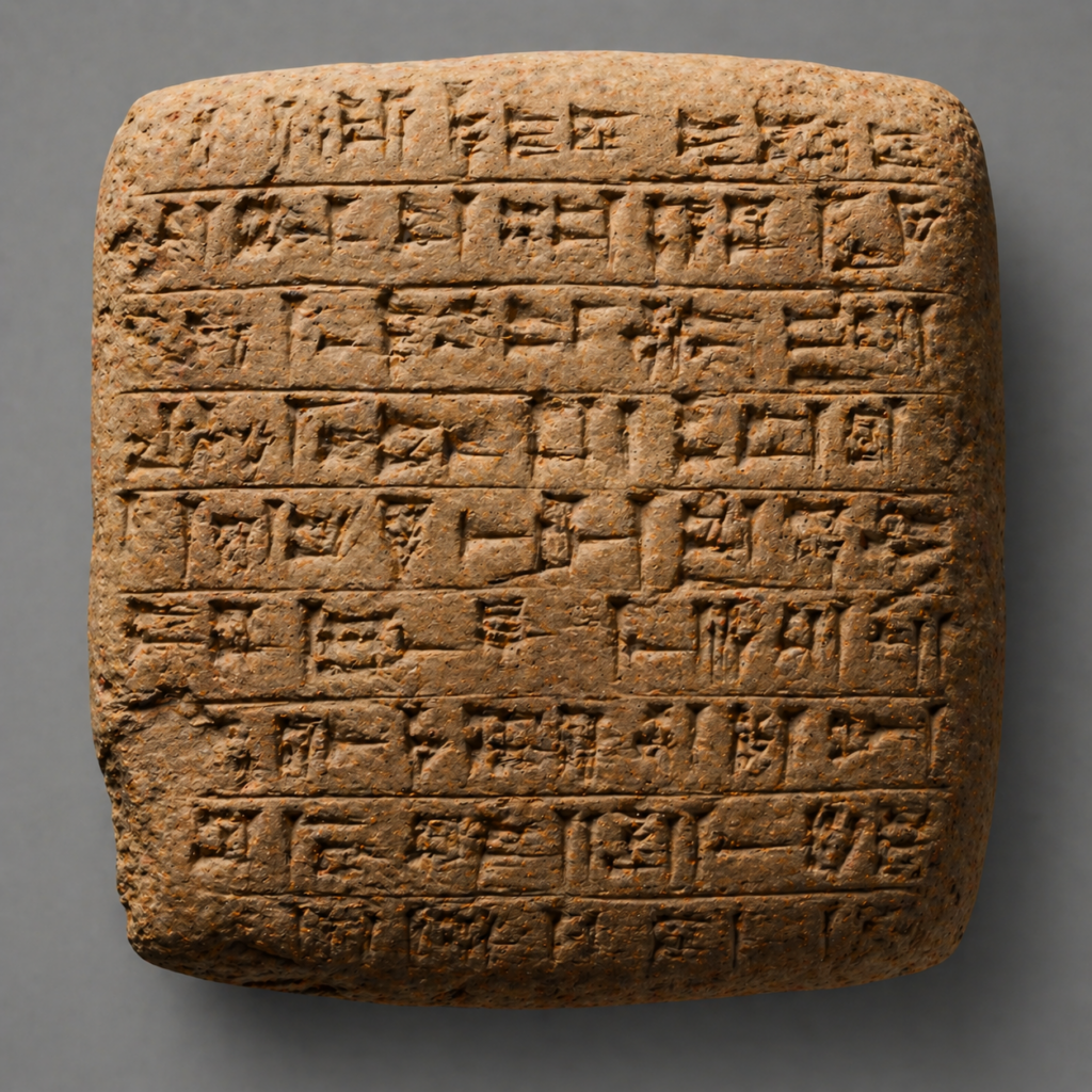 An ancient Sumerian or Mesopotamian clay tablet covered in cuneiform inscriptions, evoking the genealogical genre of Genesis 5