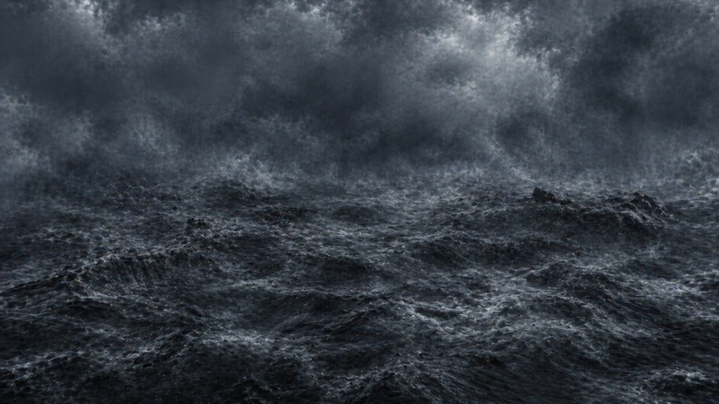 Dark ancient stormwaters rising over a barren primeval land, evoking the de-creation imagery of Genesis 7