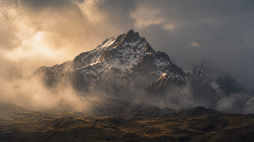 A distant mountain peak rising above mist after a great storm, evoking the receding flood of Genesis 8
