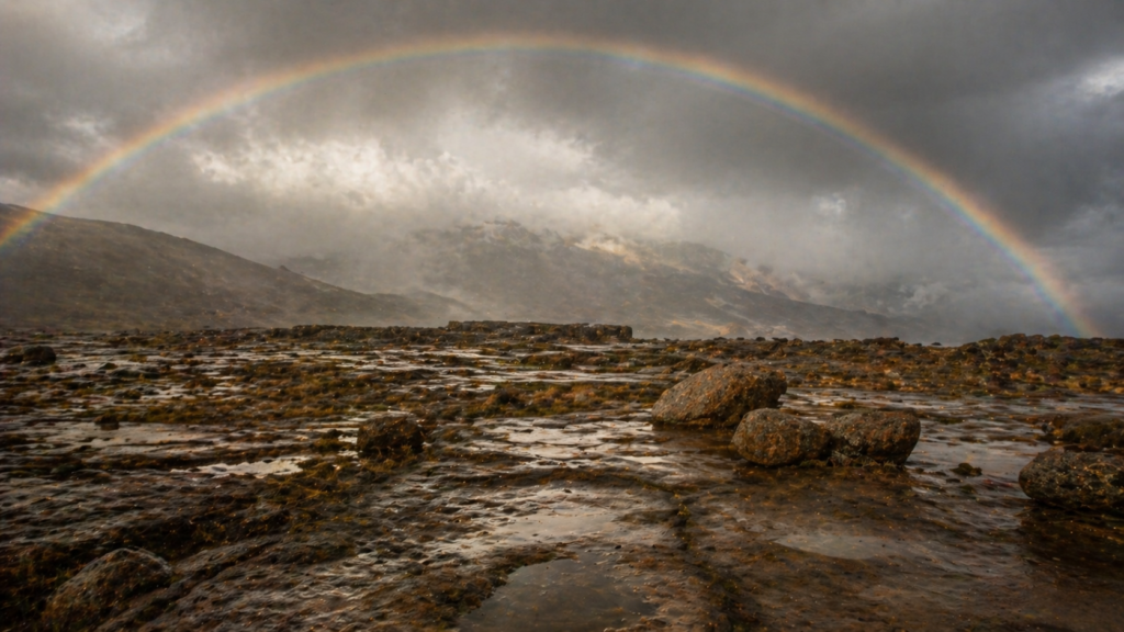 A rainbow arcing over an ancient stone landscape after a storm, illustrating the sign of the Noahic covenant in Genesis 9