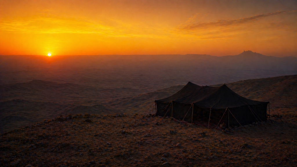 A single black bedouin tent on a high desert ridge at sunset, evoking Abram's departure for an unknown land in Genesis 12
