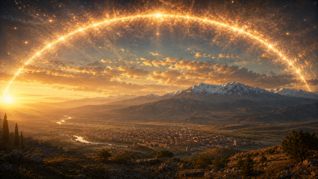 A vast dawn sky over the Lycus Valley with the town of Colossae catching first light and Mount Cadmus in the distance under an arch of cosmic luminous light, evoking the Christ-hymn of Colossians 1:15-20