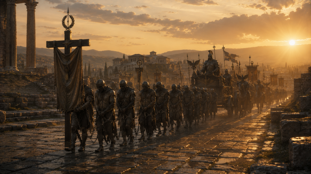 An ancient Roman triumph procession at dawn with a dark wooden cross at the head bearing the triumphant standard and stripped armored figures in chains behind, evoking the disarmed powers of Colossians 2:14-15