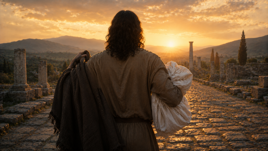 A faceless figure at dawn on a Roman provincial road removing a worn dark mantle and gathering a folded white linen garment, evoking the put-off and put-on of the old and new humanity in Colossians 3:9-11