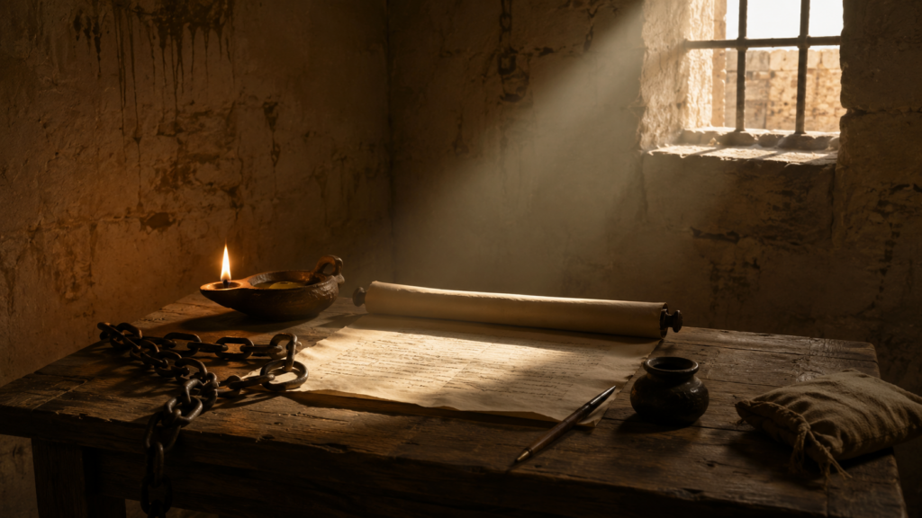 A wooden writing-table at dawn in a 1st-century Roman prison room with a parchment scroll, an iron chain across the table corner, an oil-lamp, and stylus, evoking Paul's own-hand greeting at the close of Colossians 4