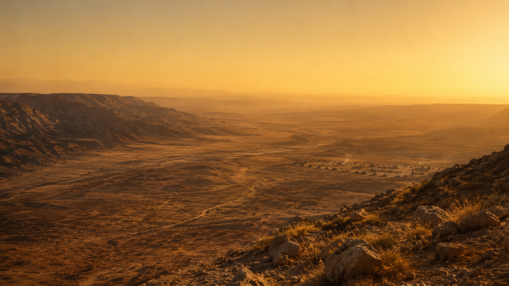 A wide view from the plains of Moab toward the distant hill country of the promised land at golden hour, evoking the retold journey of Deuteronomy 1