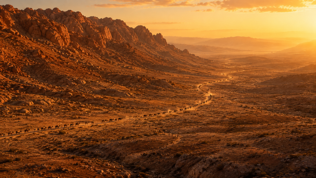 A trail skirting red sandstone highlands at golden hour, the route bending around the territory of Edom, evoking Deuteronomy 2