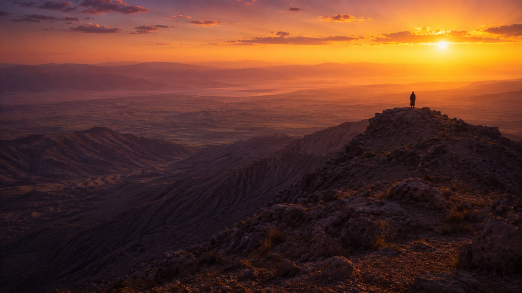 A high ridge at sunset overlooking the Jordan valley with a lone distant figure facing the land beyond, evoking the view from Pisgah in Deuteronomy 3