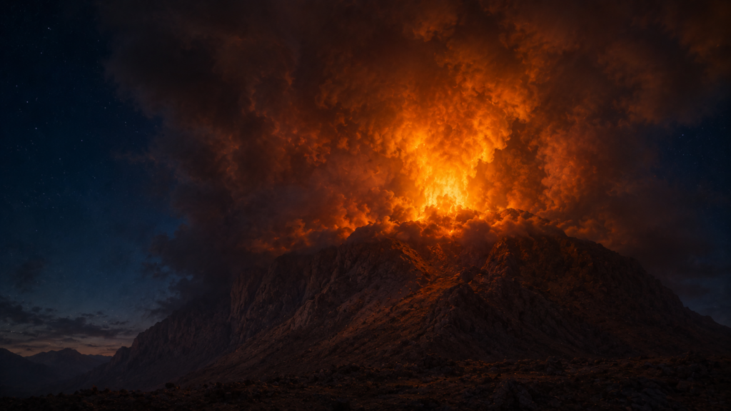 A mountain wrapped in fire and dark cloud with no form visible within it, evoking the voice from the fire in Deuteronomy 4