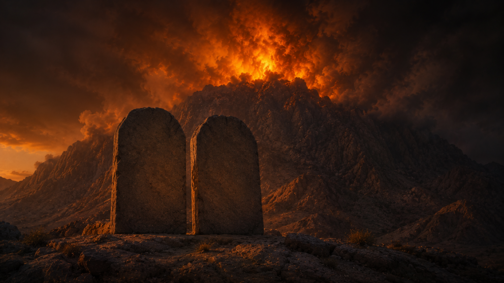 Two blank stone tablets before a mountain wreathed in fire and dark cloud, evoking the Ten Words restated in Deuteronomy 5