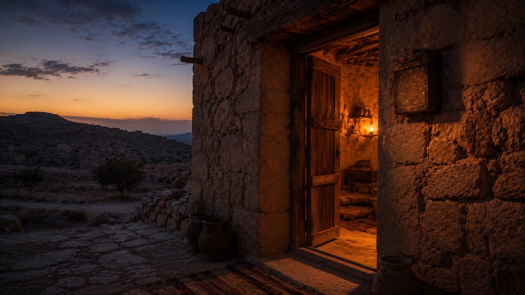 A simple doorway at dusk with a small case on the doorpost and warm lamplight within, evoking the Shema in Deuteronomy 6