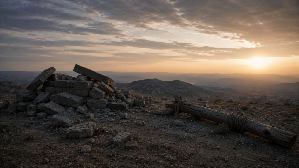 A toppled altar and felled sacred pole on a hilltop at dawn, the dismantled high place, evoking Deuteronomy 7