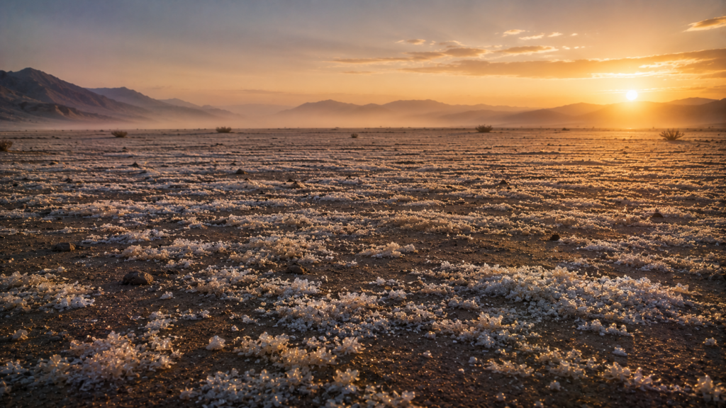 Fine flakes like frost scattered across the desert floor at dawn, evoking the manna of Deuteronomy 8