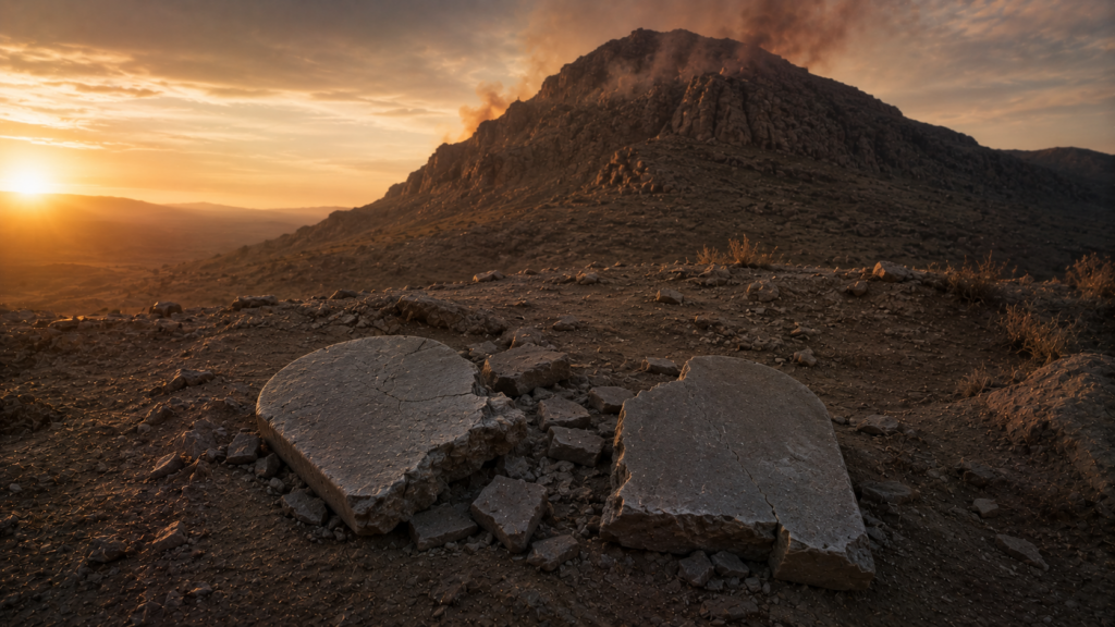 Two shattered stone tablets at the foot of a smoking mountain, evoking the broken covenant of Deuteronomy 9