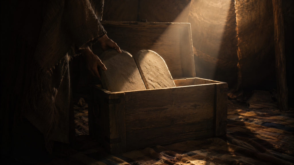 Two stone tablets being placed into a simple wooden ark in a dim tent, evoking the new tablets of Deuteronomy 10