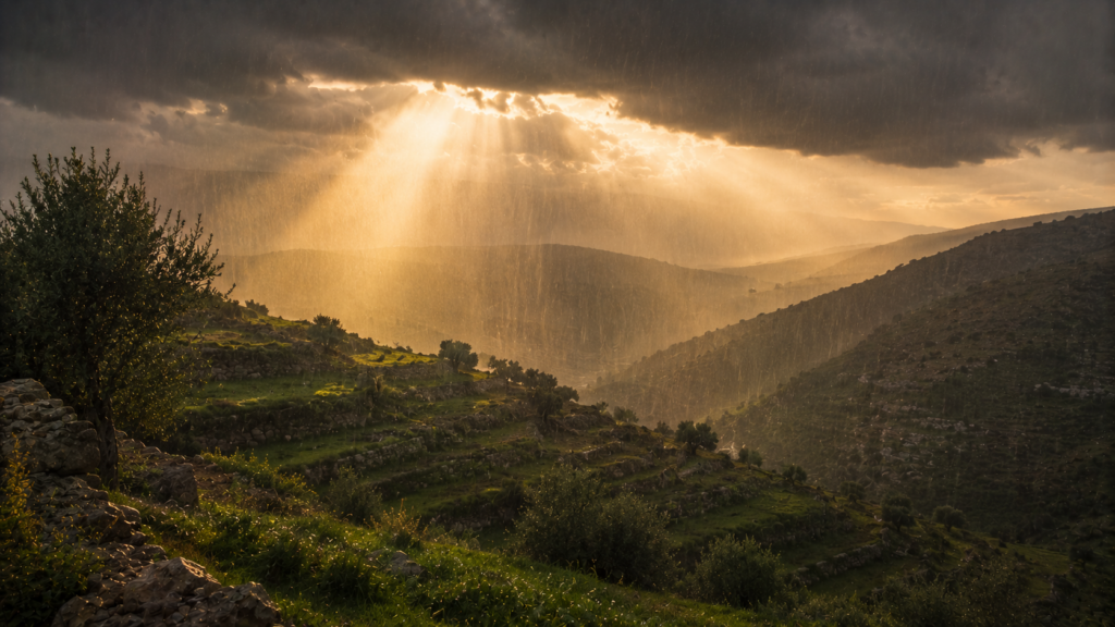 Rain falling over green terraced hills with shafts of light through cloud, evoking the land that drinks the rain in Deuteronomy 11