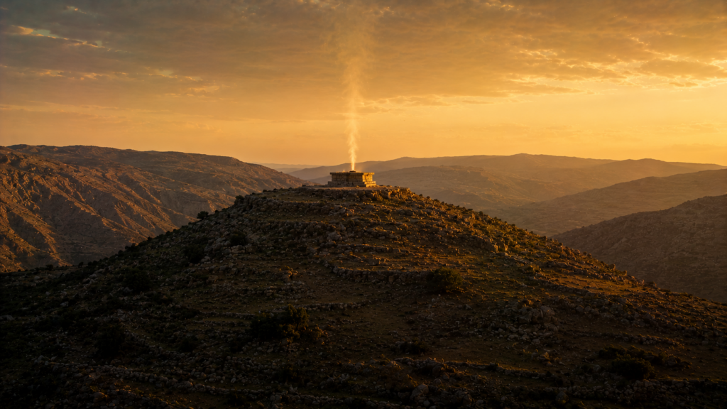 A single lit altar on a hill with smoke rising, the other high places dark, evoking the chosen place of Deuteronomy 12