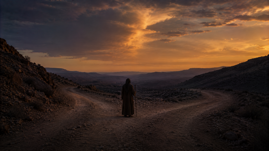 A lone traveler at a fork in the road beneath an ambiguous wonder in the sky at dusk, evoking the test of loyalty in Deuteronomy 13