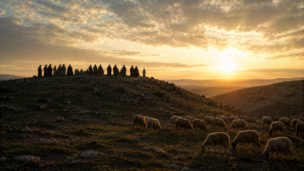 A small community silhouetted on a ridge at dawn with a flock nearby, evoking the holy people of Deuteronomy 14