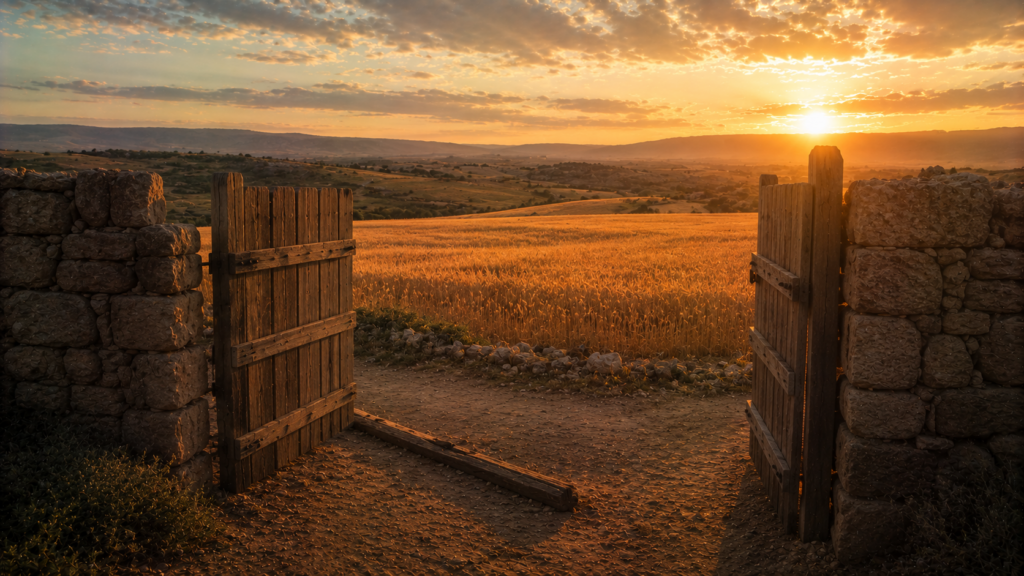 An open field gate at dawn with the harvest beyond, evoking the year of release in Deuteronomy 15