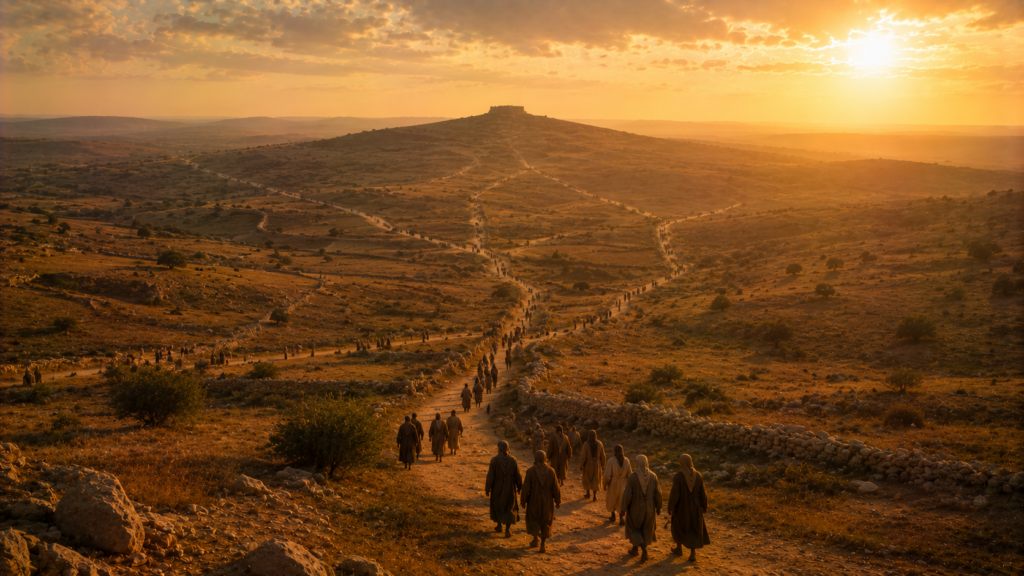 Roads converging toward a distant sanctuary hill with pilgrims as faint figures, evoking the pilgrim feasts of Deuteronomy 16