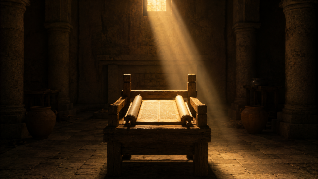 A plain seat with an open scroll resting on it and no crown above, evoking the king under the law in Deuteronomy 17