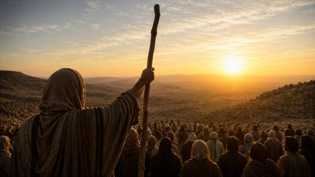 A staff lifted toward a bright dawn horizon with a distant crowd listening, evoking the promised prophet of Deuteronomy 18
