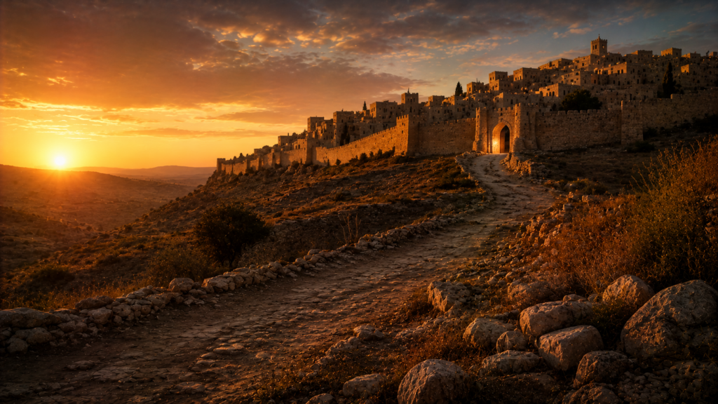 A cleared road climbing to the open gate of a hilltop town at dusk, evoking the cities of refuge in Deuteronomy 19