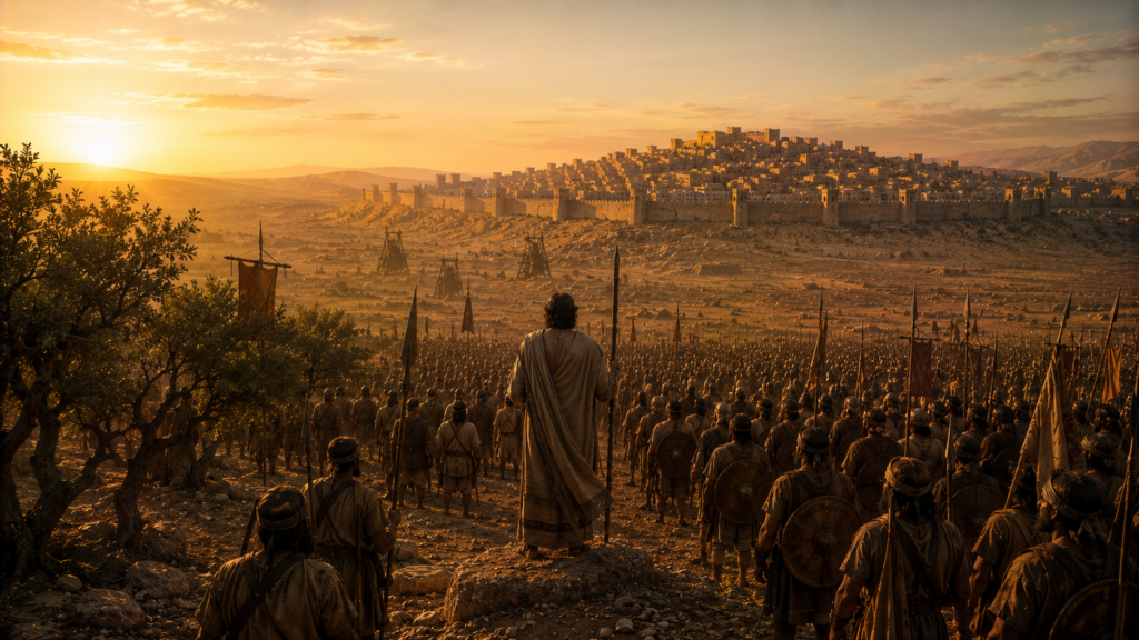 An army drawn up before a walled city at dawn with a robed figure before them, evoking the laws of war in Deuteronomy 20
