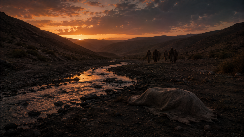 A still valley with a stream at dusk and distant figures gathering, evoking the atonement for unsolved blood in Deuteronomy 21