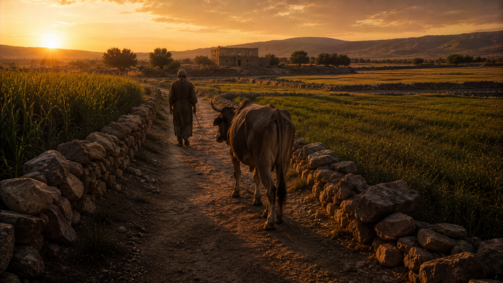 A stray ox led back along a path toward a neighbor's house at golden hour, evoking neighbor-love in Deuteronomy 22