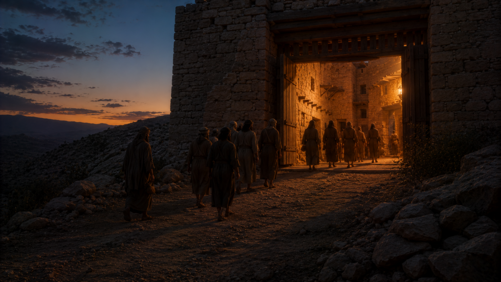 A town gate at dusk with figures approaching the threshold, evoking the question of who may enter the assembly in Deuteronomy 23