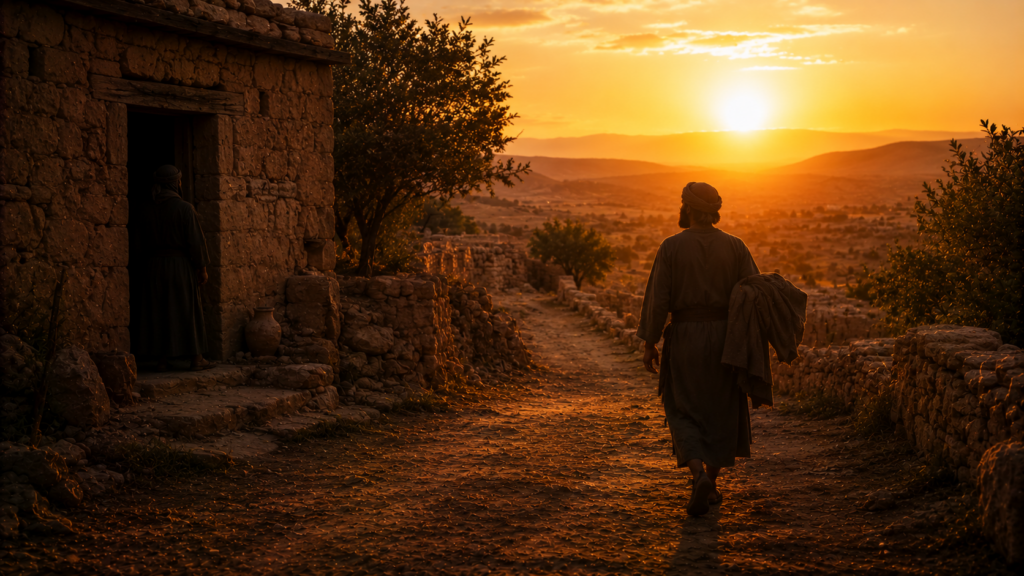 A cloak carried back to a doorway at sunset, evoking the pledge returned by nightfall in Deuteronomy 24