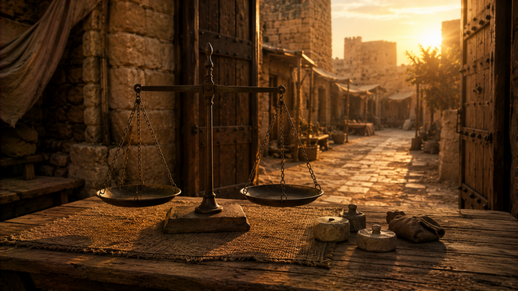 A balance scale with stone weights on a table at a town gate, even and true, evoking honest weights in Deuteronomy 25