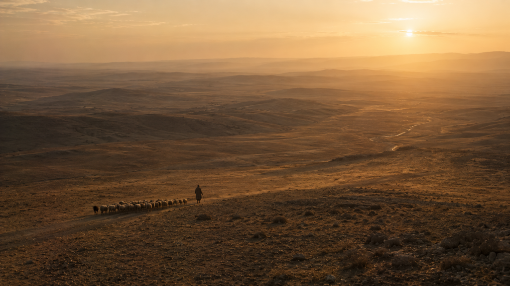 A lone shepherd with a small flock crossing a vast plain at dawn, evoking the wandering Aramean creed of Deuteronomy 26