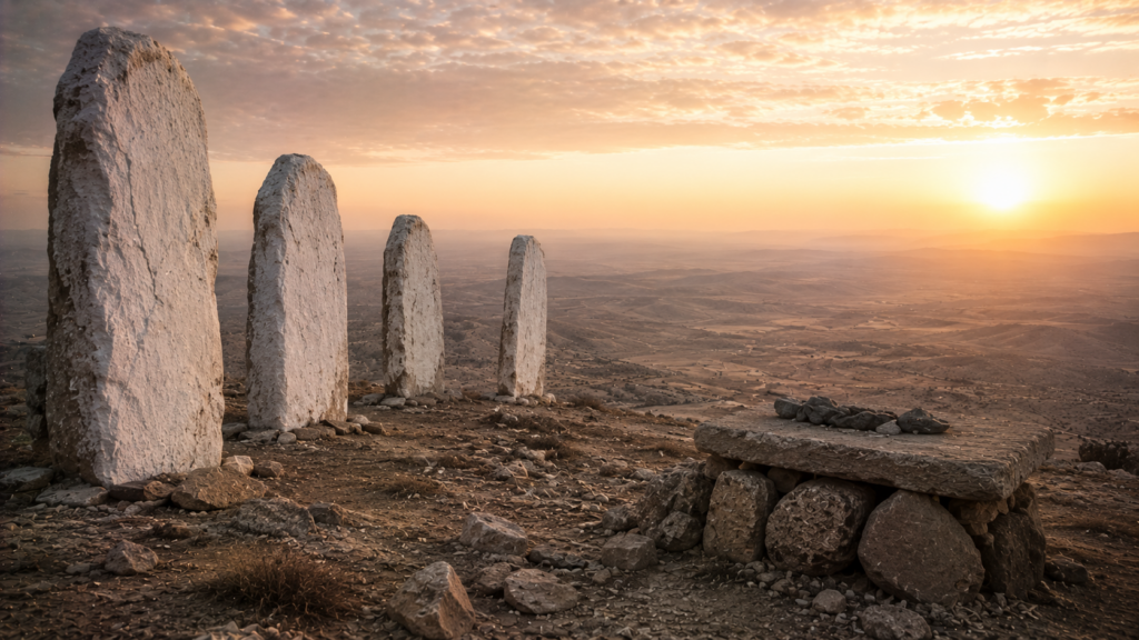 White-plastered standing stones and a rough altar on a mountaintop at dawn, evoking the law written on stones in Deuteronomy 27