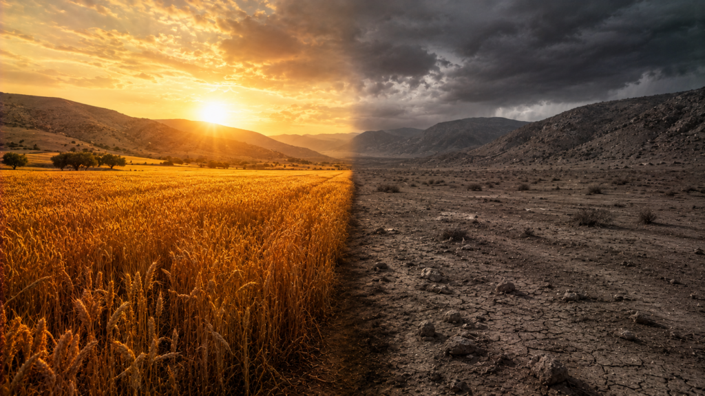 A landscape split between a sunlit fruitful field and a barren storm-darkened waste, evoking the blessing and curse of Deuteronomy 28