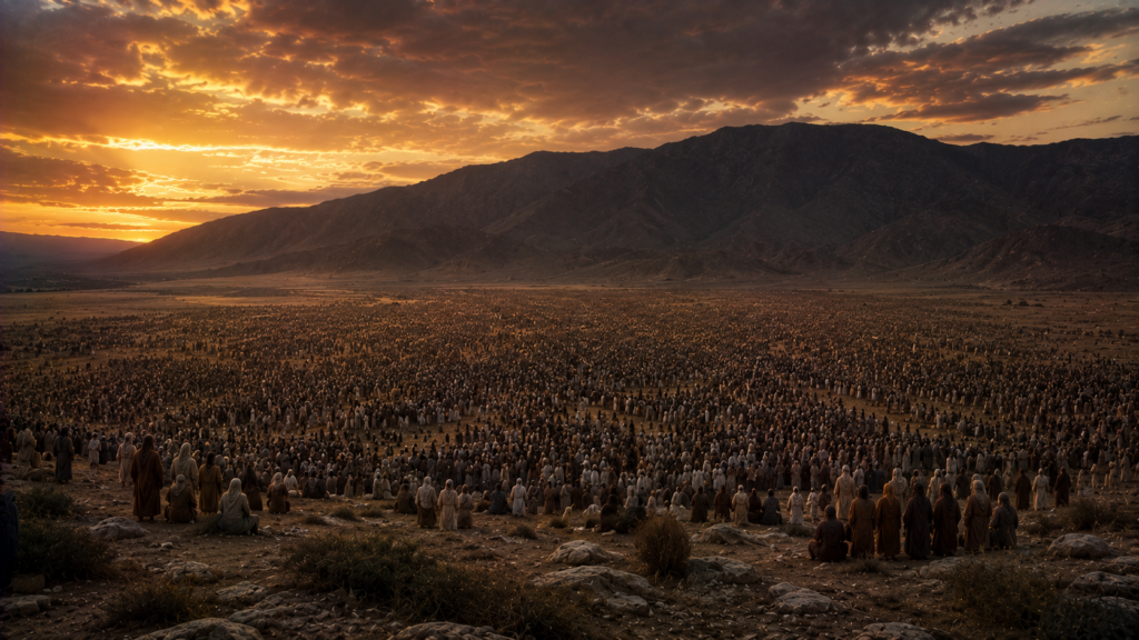 A vast assembly gathered on the plains of Moab before a mountain at dusk, evoking the covenant renewal of Deuteronomy 29