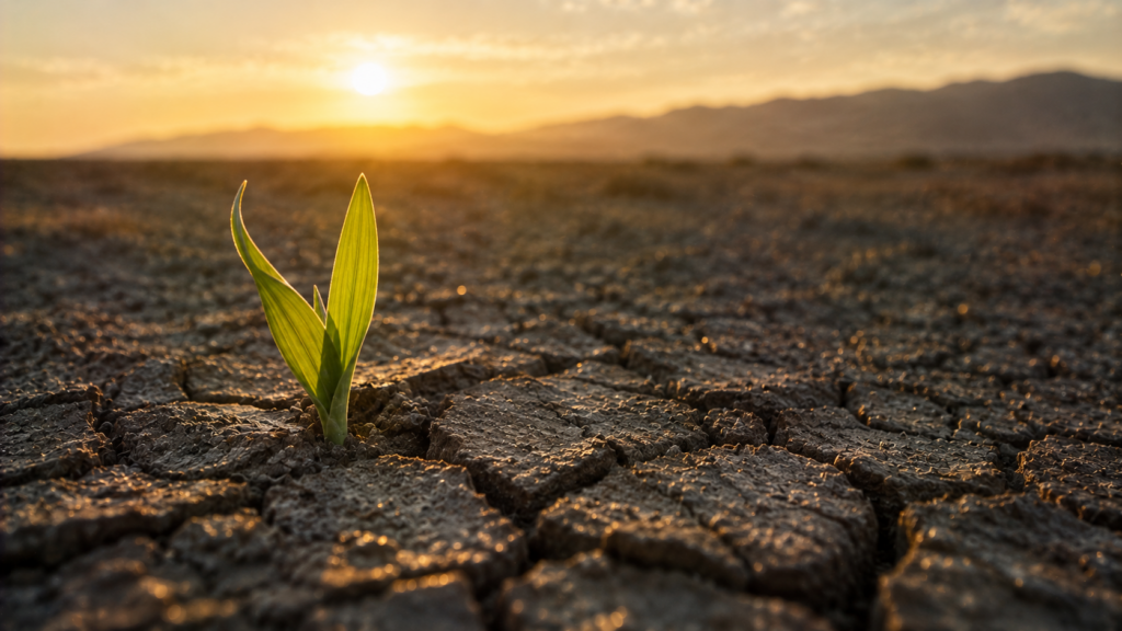 A green shoot rising from cracked hard ground at dawn, evoking the circumcised heart and the choice of life in Deuteronomy 30