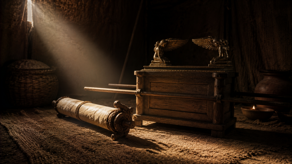 A scroll set beside a wooden ark in a dim tent lit by a shaft of light, evoking the law deposited as witness in Deuteronomy 31