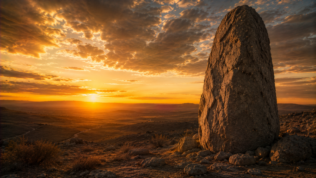 A towering lone rock on a wilderness plain beneath a dramatic dawn sky, evoking the Rock of the Song of Moses in Deuteronomy 32