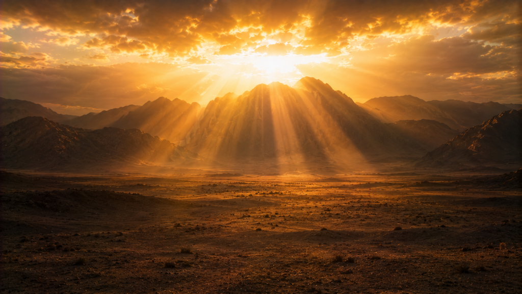 Dawn light streaming over a mountain range toward an open plain, evoking God coming from Sinai to bless the tribes in Deuteronomy 33