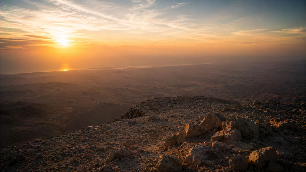 A solitary windswept mountain summit at dawn overlooking a vast land to a distant sea, evoking the death of Moses on Nebo in Deuteronomy 34