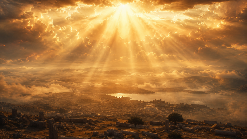 A distant high vantage at dawn with golden rays spreading outward over a wide horizon, evoking the cosmic enthronement of Christ at the right hand of God in Ephesians 1