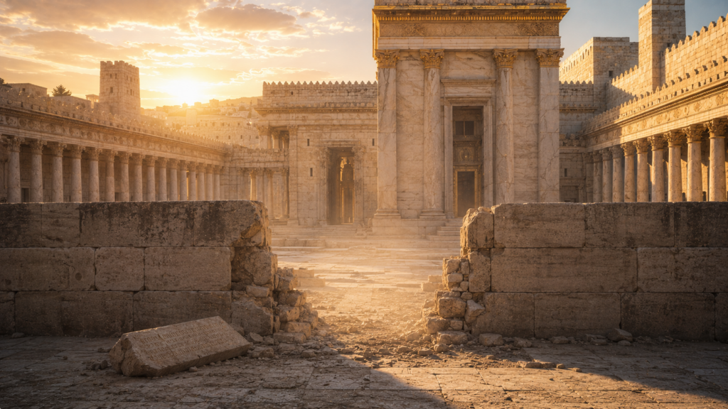 A wide view of the Herodian Jerusalem Temple's soreg barrier at dawn with a passage visibly broken through it and the Greek warning inscription stone tipped over in the dust, evoking the dividing wall of Ephesians 2:14 demolished in his flesh
