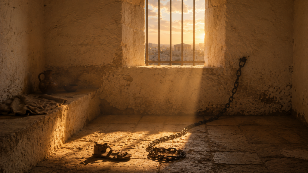 A small 1st-century Roman prison cell at dawn with a shaft of light falling through barred window onto the stone floor where a chain and sandal rest, the implied prisoner kneeling in prayer, evoking Paul bowing his knees in Ephesians 3:14
